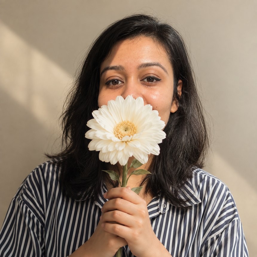 Neerosha holding a white gerbera daisy
