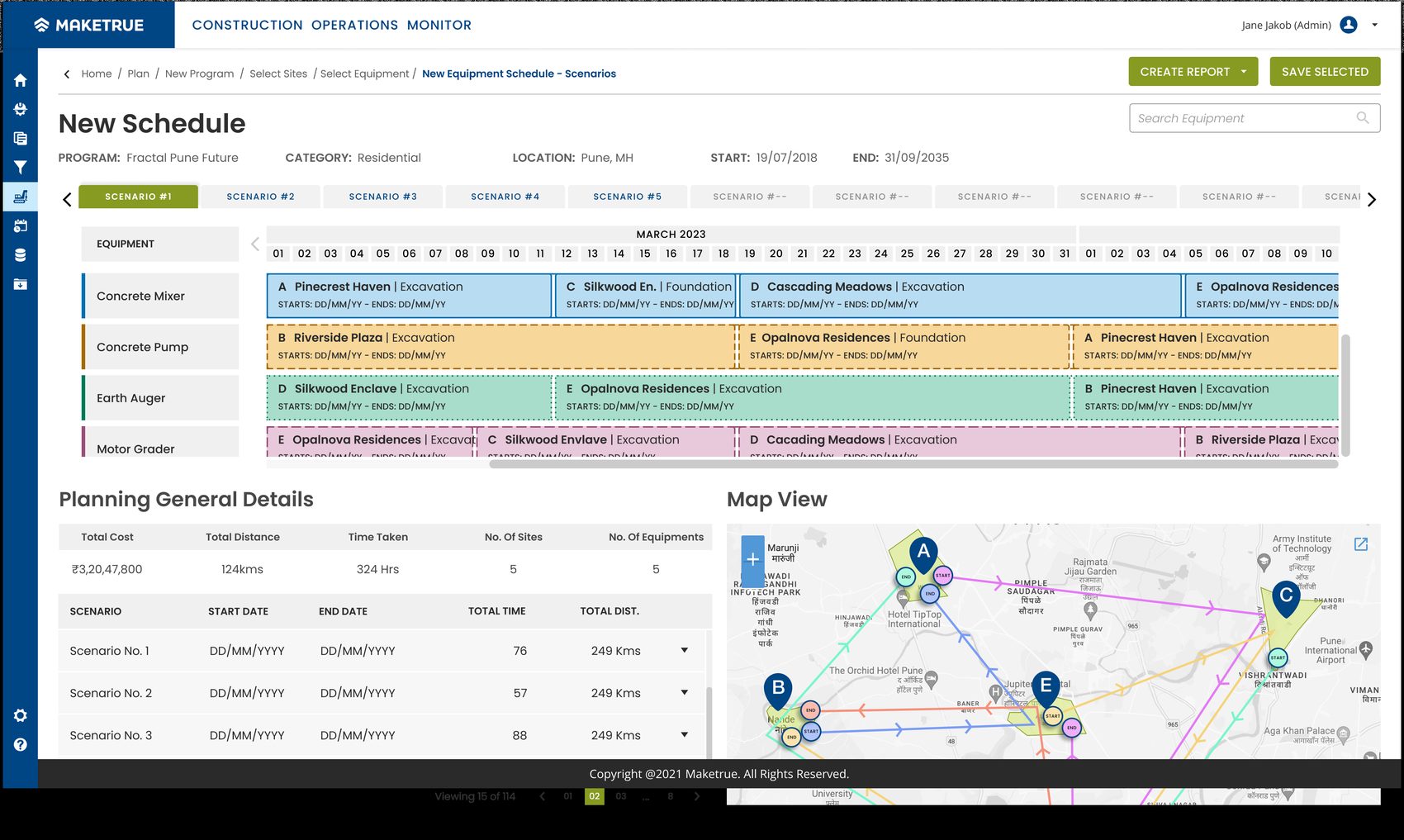 New Schedule screen showing equipment scenarios on a timeline with a route map below